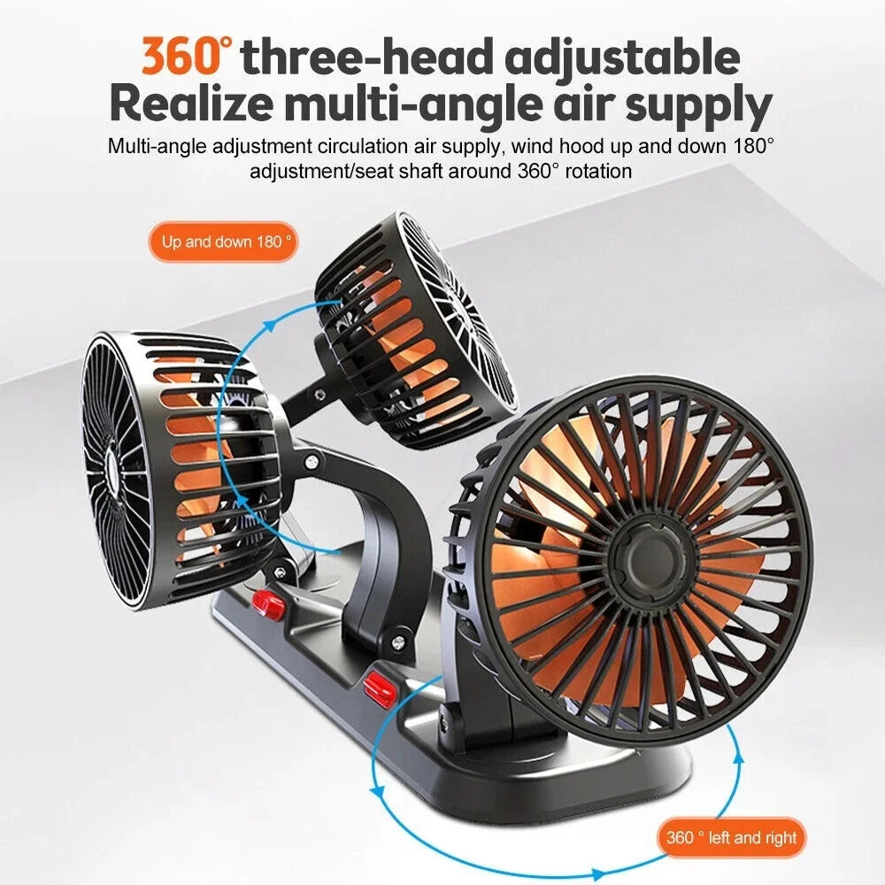 Car Cooling Fan with 1, 2 or 3 Adjustable Heads, 360 Degree Dashboard Fan with 2 Speeds, USB, 12V or 24V Plug