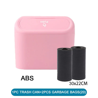 Mini Car Trash Can with Lid and Garbage Bags, Leak-Proof Small Bin for Door Pockets, Consoles and Desks, 4 Colors
