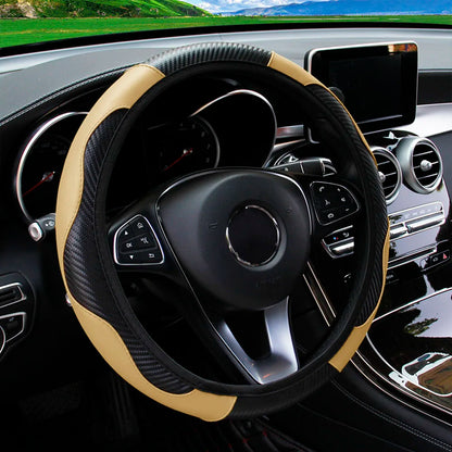 Beige and black steering wheel cover