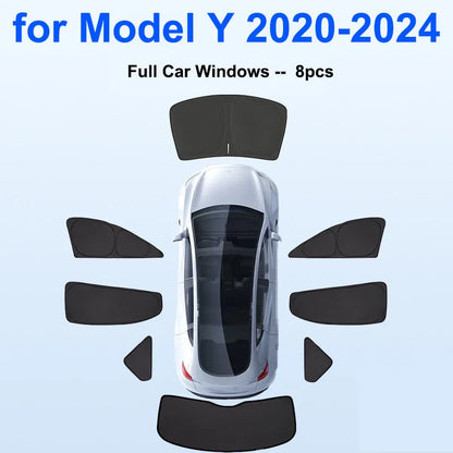 Blackout Sun Shades for Tesla Model Y 2020-2024 and Juniper 2025+, Windshield, Side Window and Full 8-Piece Privacy Sets