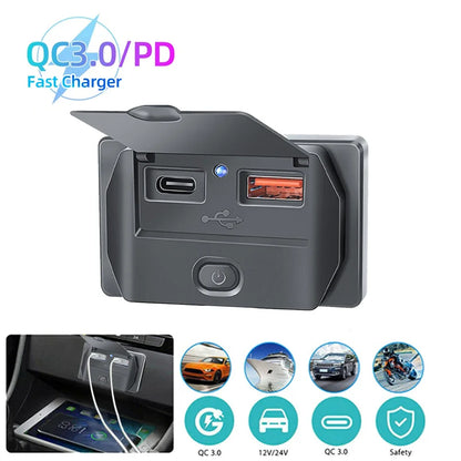12V/24V USB Charger Socket Panel with Switch, Surface Mount Car Outlet with USB-C PD and QC3.0 Ports, for Cars, RVs, Boats and Trucks