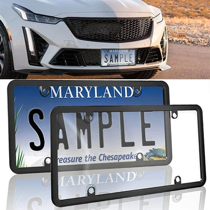 License plate frame with a sample plate on a car front bumper