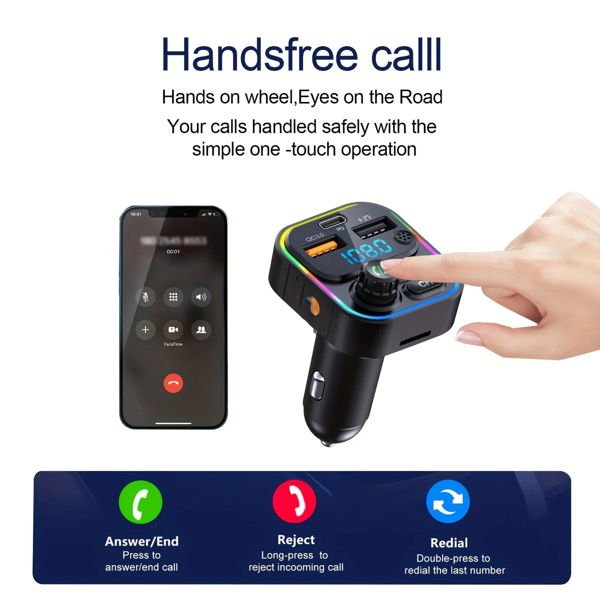 Bluetooth 5.3 FM Transmitter for Car, Hands-Free Calling, 20W USB-C PD and QC3.0 Fast Charging, USB Music Playback, Ambient Light