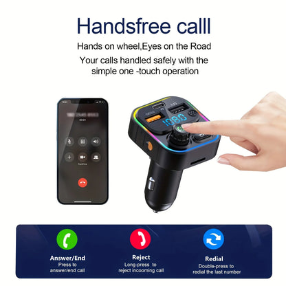 Bluetooth 5.3 FM Transmitter for Car, Hands-Free Calling, 20W USB-C PD and QC3.0 Fast Charging, USB Music Playback, Ambient Light