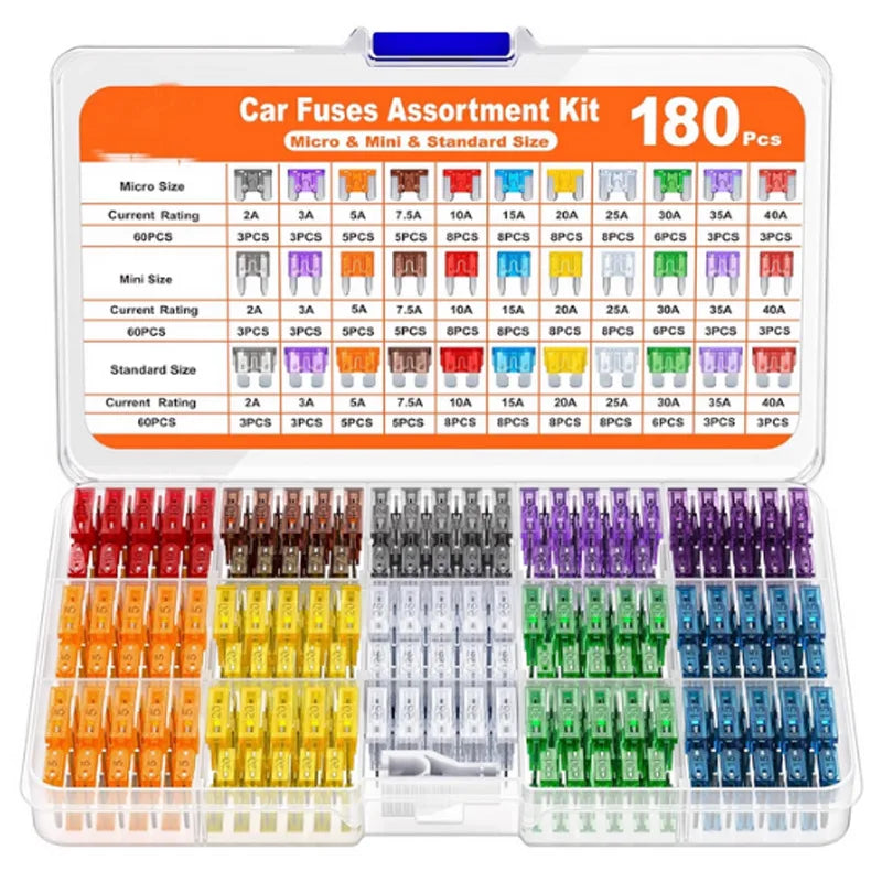 180-piece car fuse assortment kit in a clear case with a reference label