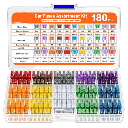 180-piece car fuse assortment kit in a clear case with a reference label