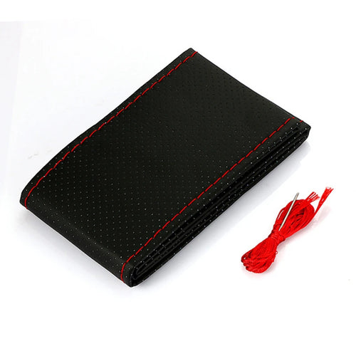 Black perforated faux leather steering wheel cover with red thread