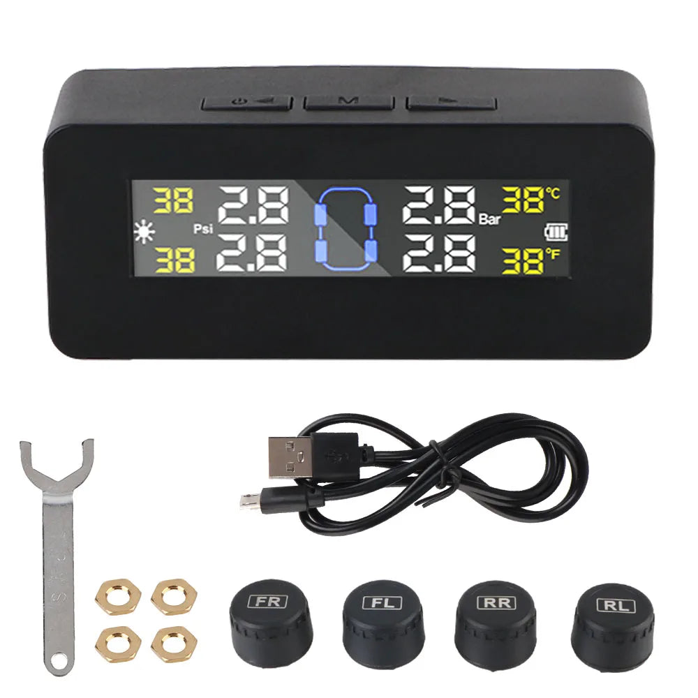 Solar Tire Pressure Monitoring System, Wireless TPMS with 4 External Sensors, Real-Time Pressure and Temperature, PSI or Bar, 15 Styles