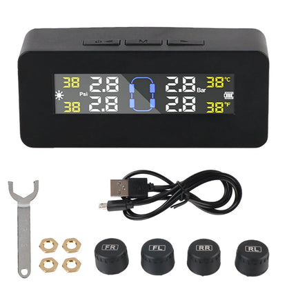 Solar Tire Pressure Monitoring System, Wireless TPMS with 4 External Sensors, Real-Time Pressure and Temperature, PSI or Bar, 15 Styles