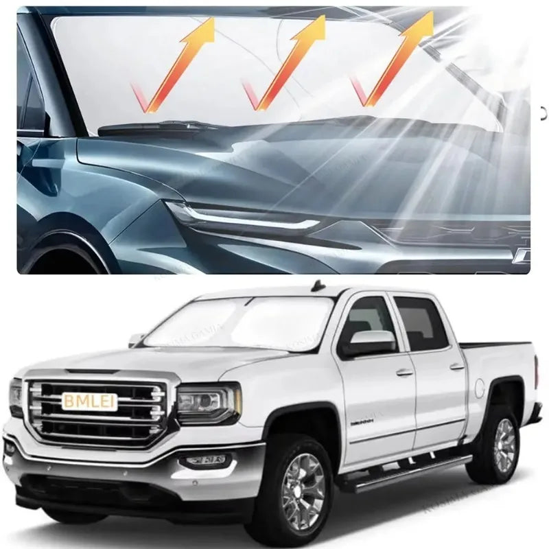 Twist-Fold Car Windshield Sun Shade with Hook-and-Loop Mirror Strap, Reflective Silver Sunshade, 2 Sizes
