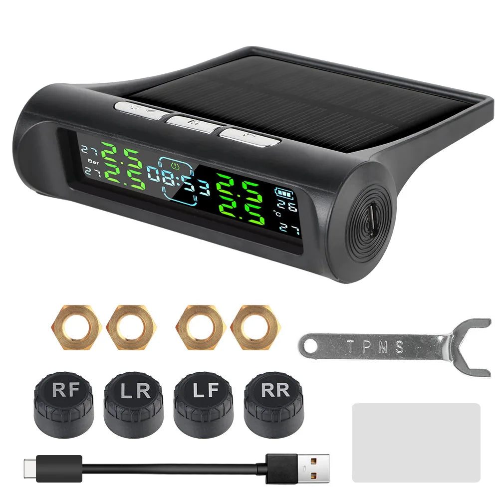 Solar Tire Pressure Monitoring System, Wireless TPMS with 4 External Sensors, Real-Time Pressure and Temperature, PSI or Bar, 15 Styles