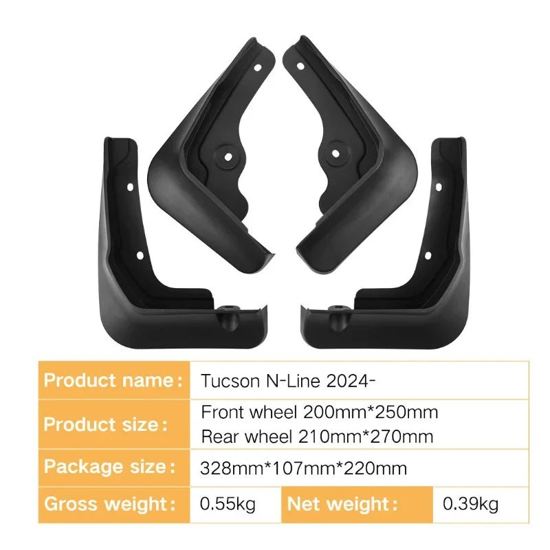 Oversized Mud Flaps for Hyundai Tucson N Line 2024-2025 (NX4), Set of 4 Front and Rear Splash Guards, Black
