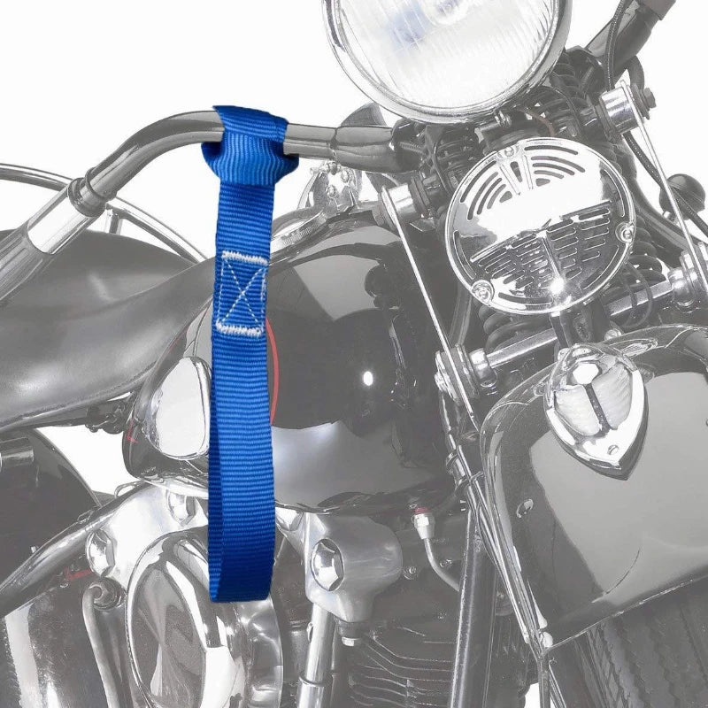 Blue soft loop strap on a motorcycle handlebar