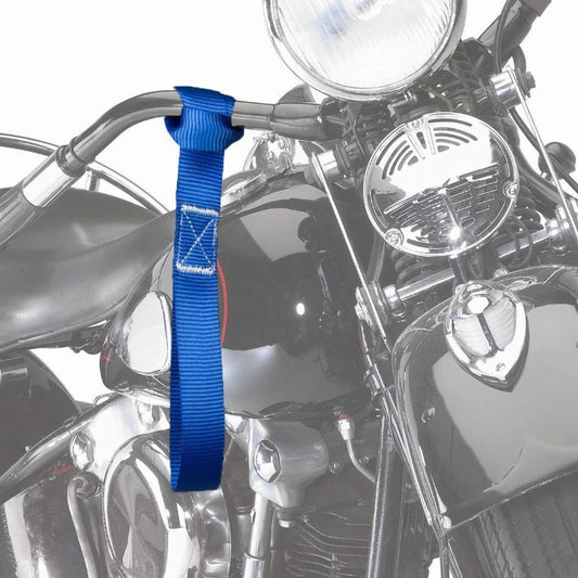 Blue soft loop strap on a motorcycle handlebar