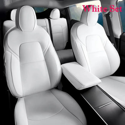 PU Leather Seat Covers for Tesla Model Y 2020-2024, 5-Seat Full Set with Headrest Covers and Front Seat Pockets