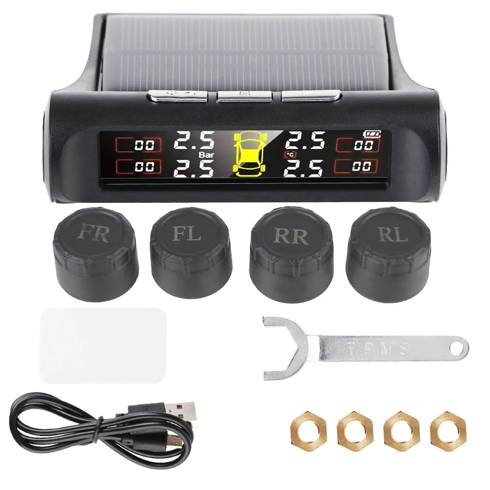 Solar Tire Pressure Monitoring System, Wireless TPMS with 4 External Sensors, Real-Time Pressure and Temperature, PSI or Bar, 15 Styles