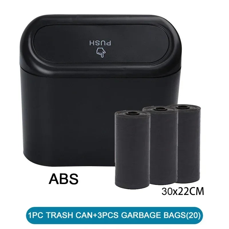 Leak-Proof Mini Car Trash Can with Lid and Garbage Bags, Small Push Lid Bin for Door Pockets and Consoles, Black