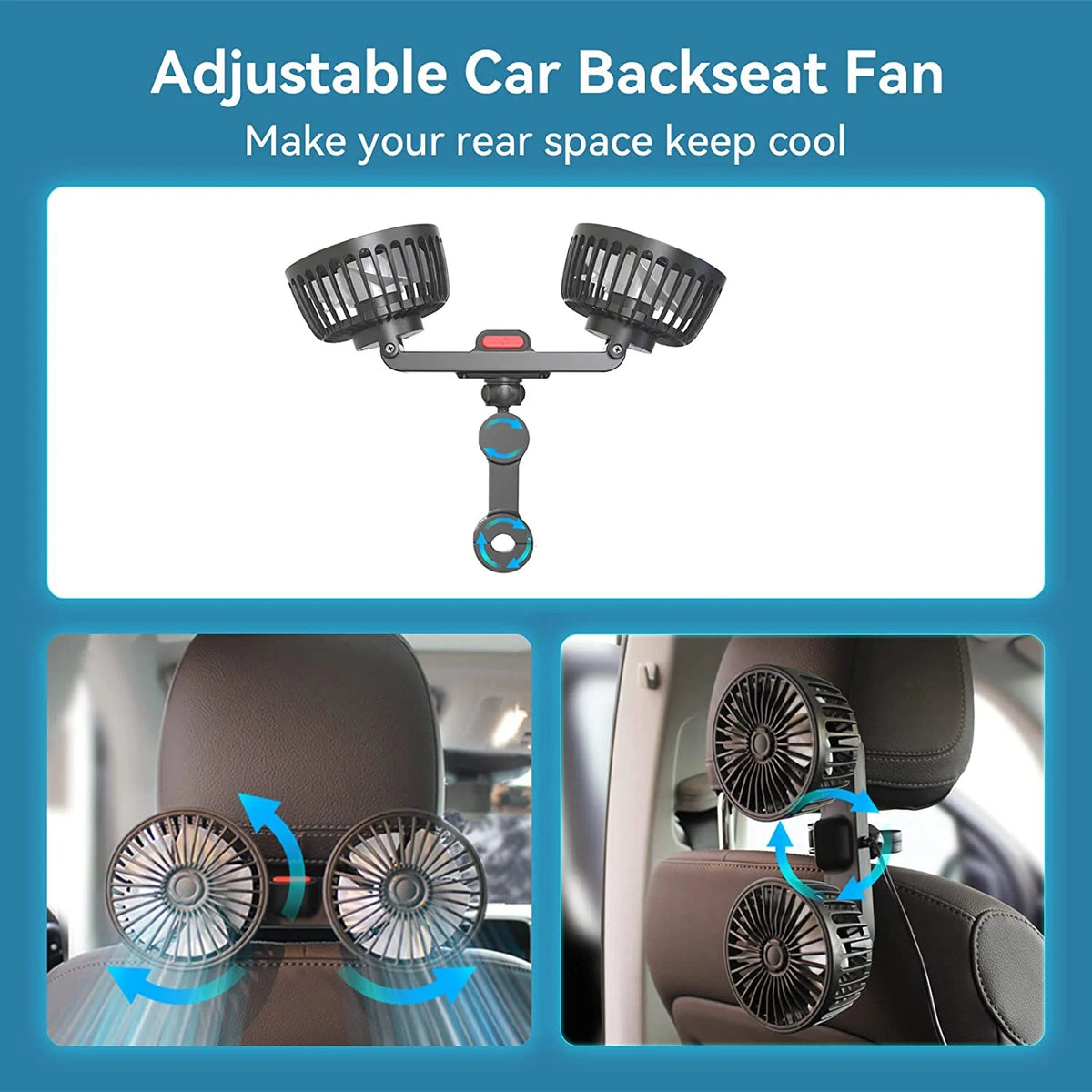 Dual Head Car Fan for Headrest, 3 Speed USB Seat Back Cooling Fan with Flexible Silicone Neck, 360 Degree Adjustable, 4 Colors