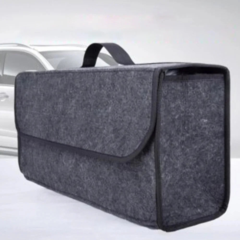 Gray felt trunk organizer in a car trunk