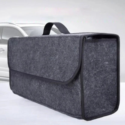 Gray felt trunk organizer in a car trunk