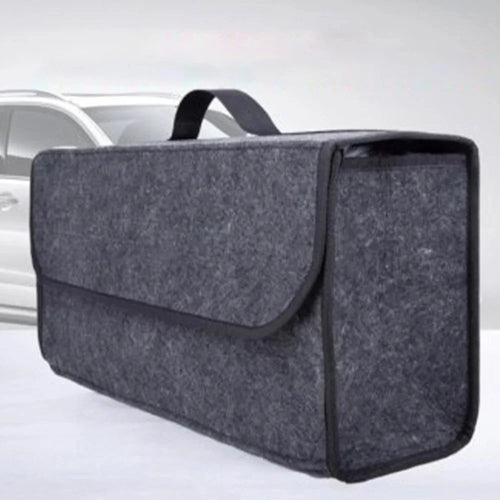Gray felt trunk organizer in a car trunk