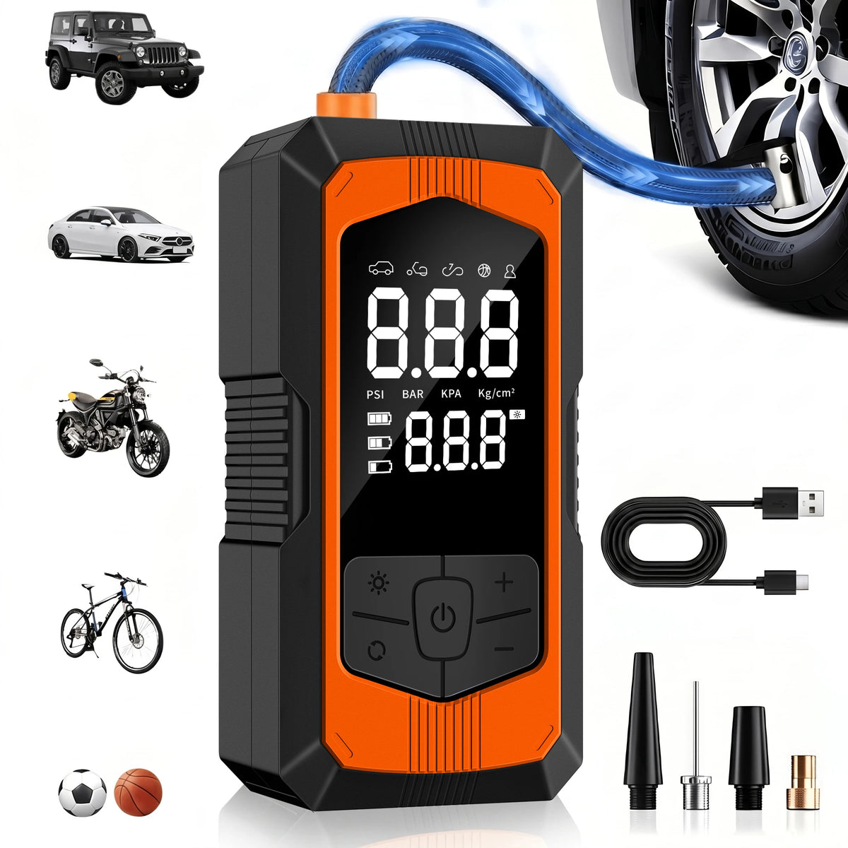 Dual-display tire inflator with orange front bezel, USB-C cable and nozzle adapters