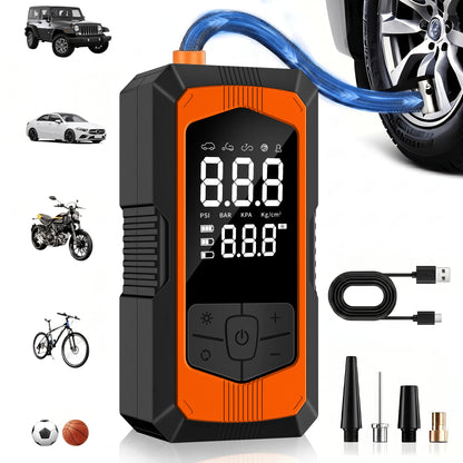Dual-display tire inflator with orange front bezel, USB-C cable and nozzle adapters