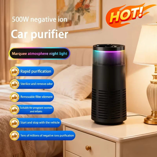 Negative Ion Car Air Purifier with Ambient Light, Battery Powered Unit for Car or Home Use, Black or White