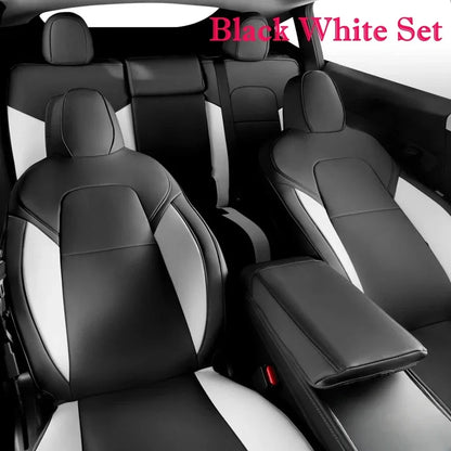 PU Leather Seat Covers for Tesla Model Y 2020-2024, 5-Seat Full Set with Headrest Covers and Front Seat Pockets