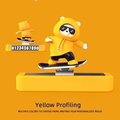 Skateboarding Bear Dashboard Ornament, Sliding Bear Car Decoration with Optional Magnetic Phone Number Plate, 5 Colors