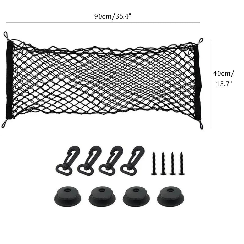 Elastic Nylon Mesh Trunk Cargo Net with 4 Plastic Hooks, Car Trunk Organizer for Loose Items, 3 Sizes from 35 x 12 to 43 x 16 Inch