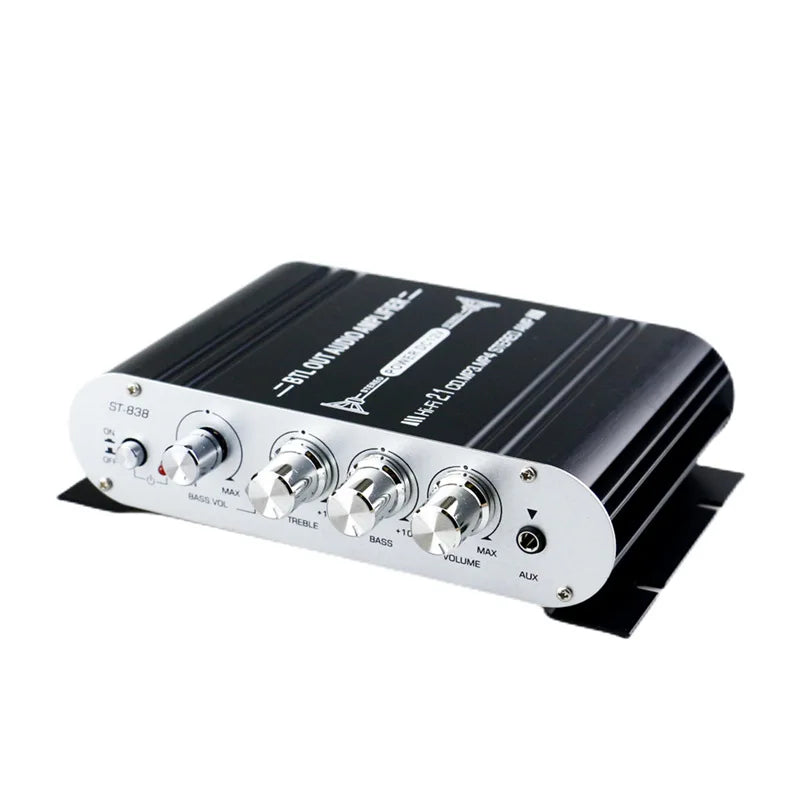 Black 2.1 channel mini amplifier with four control knobs
