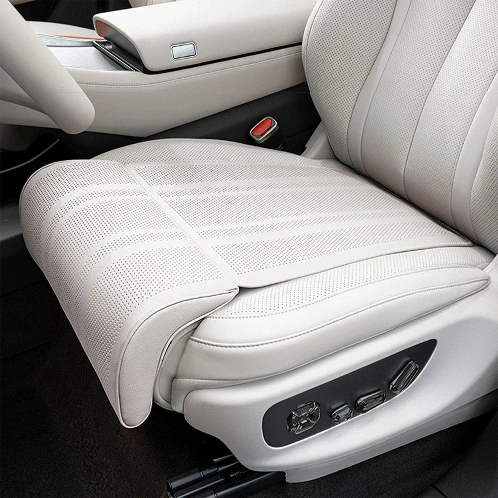 Car Seat Cushion with Leg Support Extension, Perforated Faux Leather Thigh Support Pad for Long Drives, Black or White