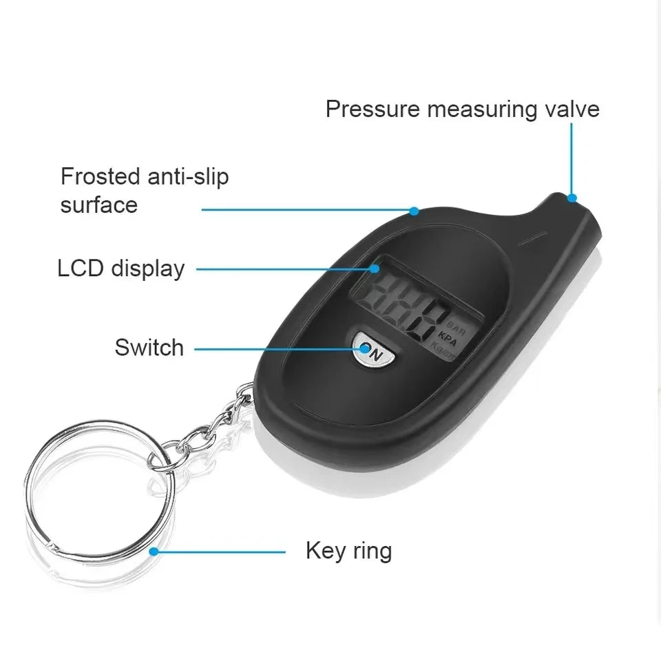 Labeled tire gauge: pressure valve, anti-slip surface, LCD display, switch and key ring