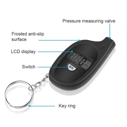 Labeled tire gauge: pressure valve, anti-slip surface, LCD display, switch and key ring