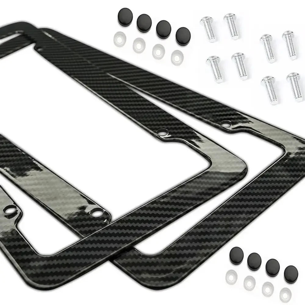 Two carbon fiber pattern license plate frames with screws and caps