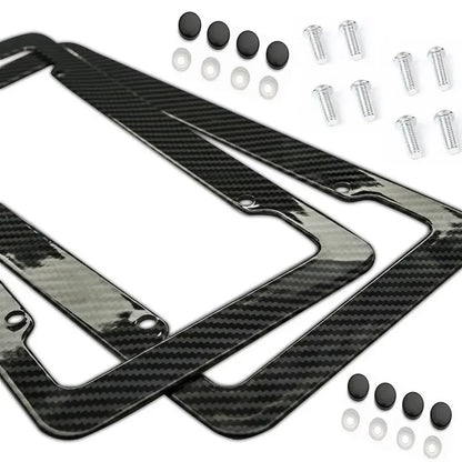Two carbon fiber pattern license plate frames with screws and caps