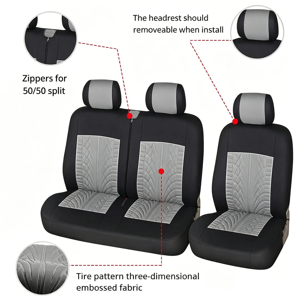 Van and Truck Seat Covers, 1+2 Front Row Set with Tire Tread Pattern, Polyester Fabric for Driver Seat and Double Bench, 5 Colors