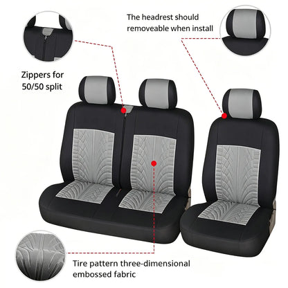 Van and Truck Seat Covers, 1+2 Front Row Set with Tire Tread Pattern, Polyester Fabric for Driver Seat and Double Bench, 5 Colors