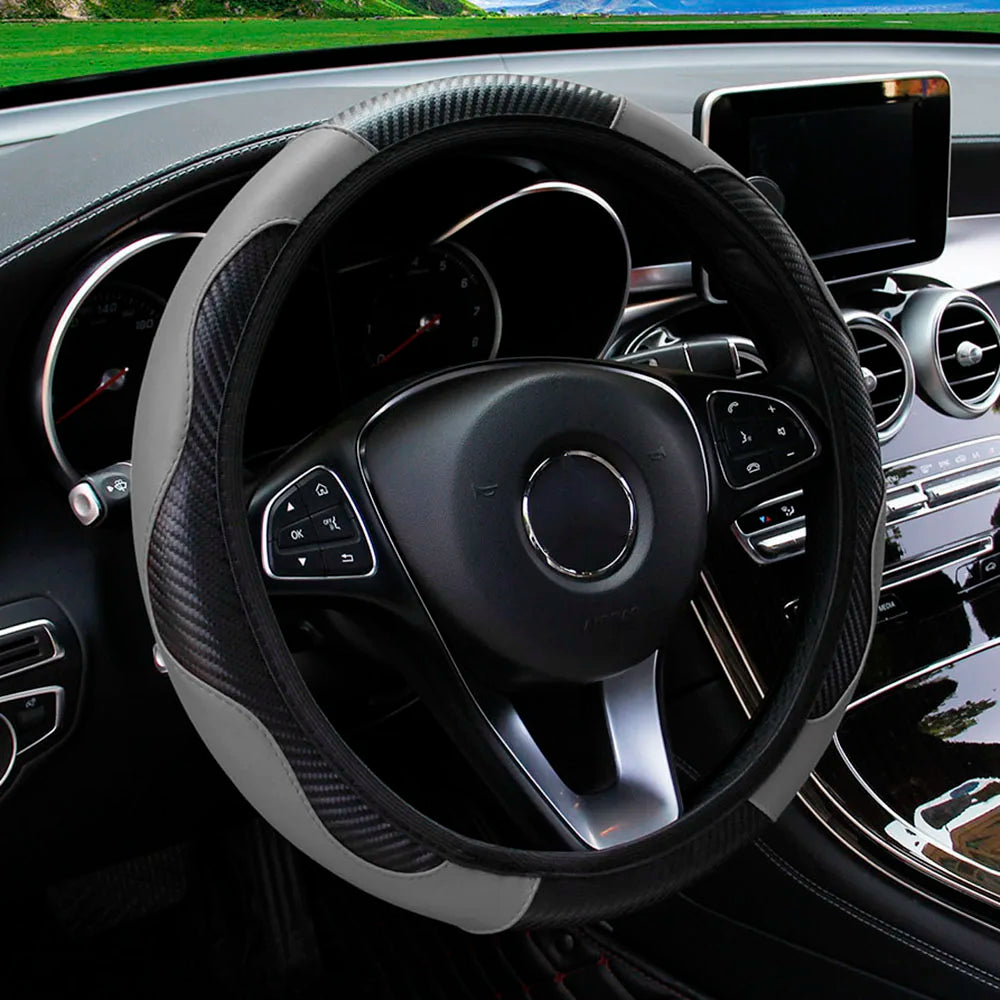 Gray and black steering wheel cover