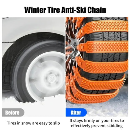 Tire before and after installing the snow straps