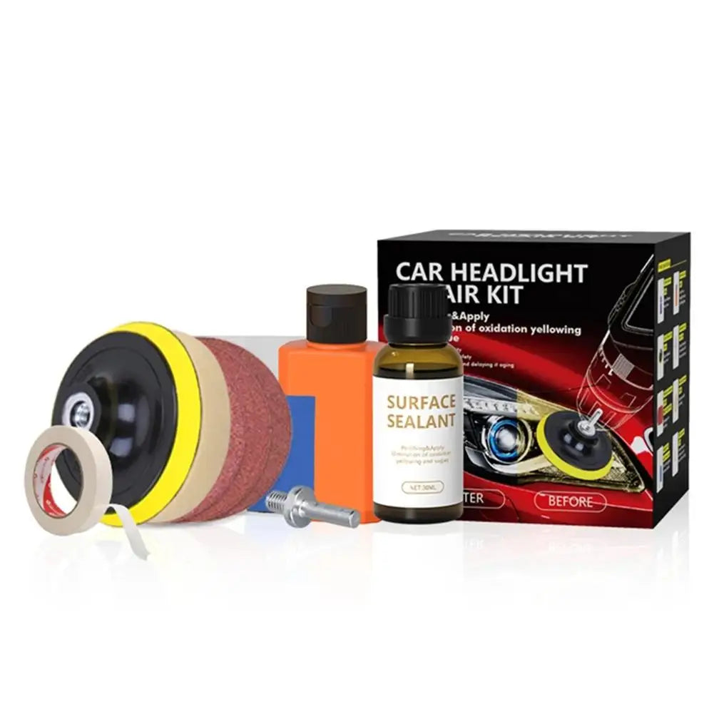 Headlight Restoration Kit with Drill Attachment, Polishing Paste, Restorer Liquid, Sanding Discs and Masking Tape