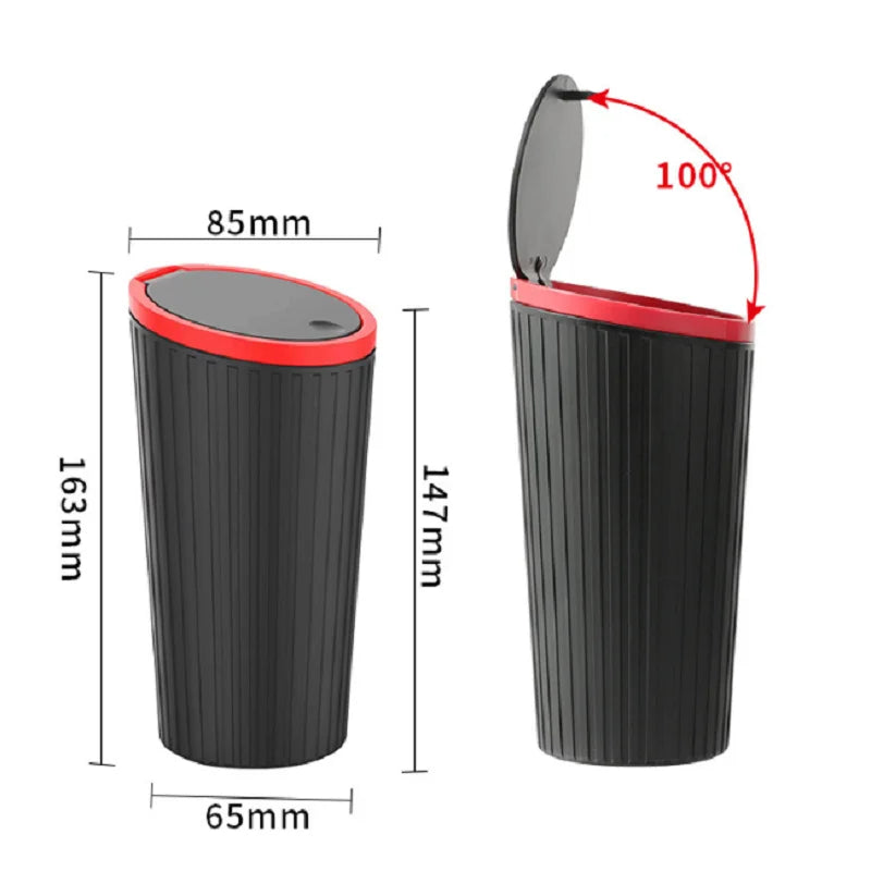 Mini Car Trash Can with Press Lid, Compact Round Plastic Garbage Bin for Car Interiors