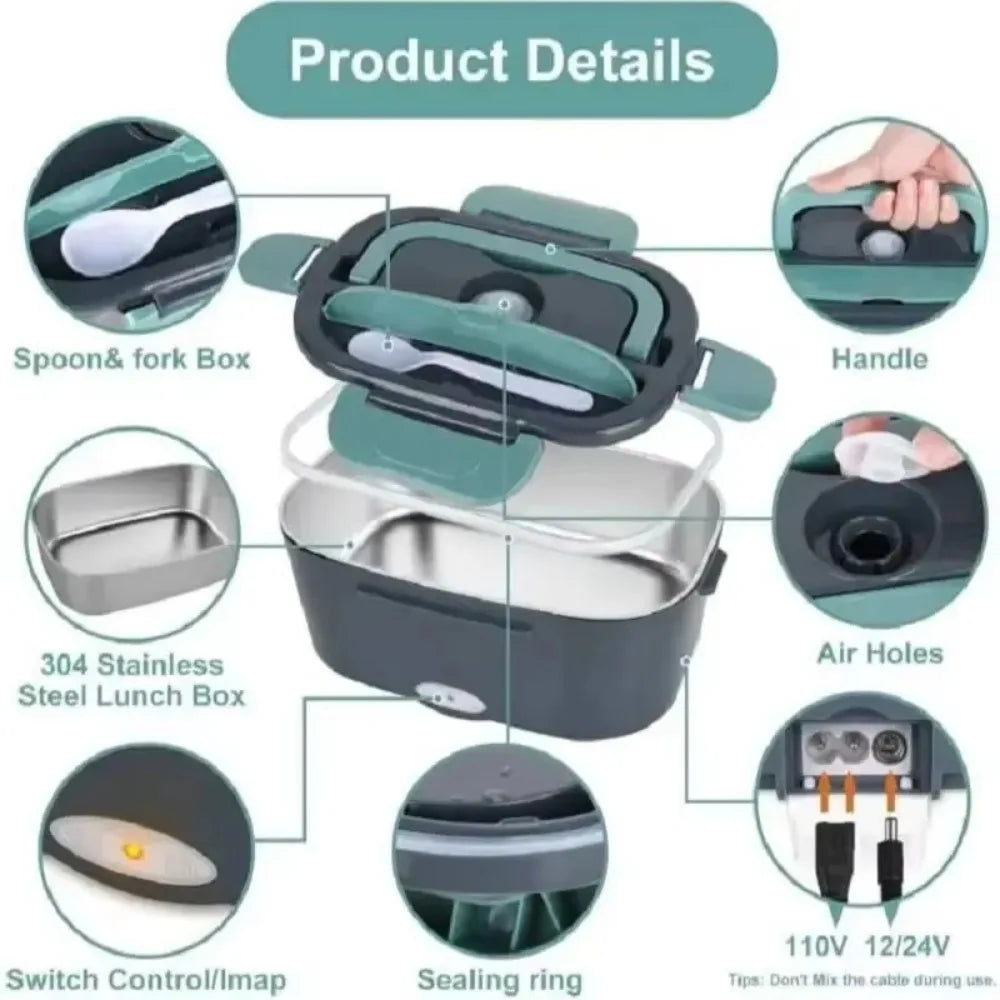 60W Electric Lunch Box for Car, Truck and Home, 1.5 L Heated Food Container with Stainless Steel Liner, Carry Bag, Fork and Spoon