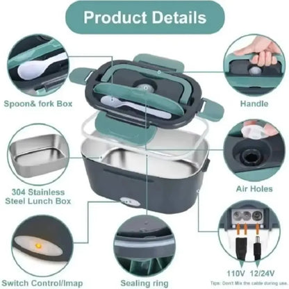 60W Electric Lunch Box for Car, Truck and Home, 1.5 L Heated Food Container with Stainless Steel Liner, Carry Bag, Fork and Spoon