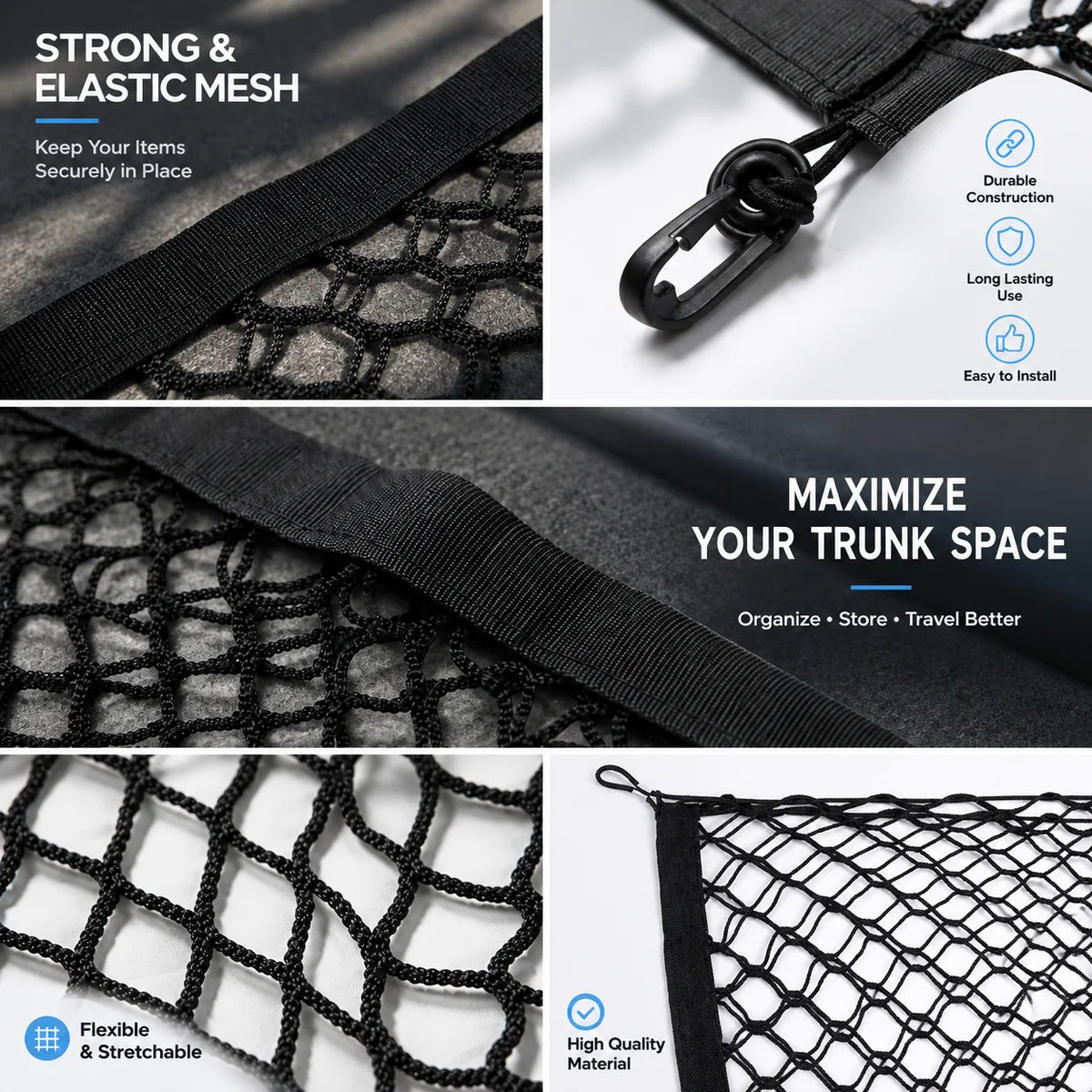 Trunk Cargo Net for Toyota RAV4 2019-2025, Single or Double Layer Elastic Nylon Mesh with Buckles for Trunk Anchor Points