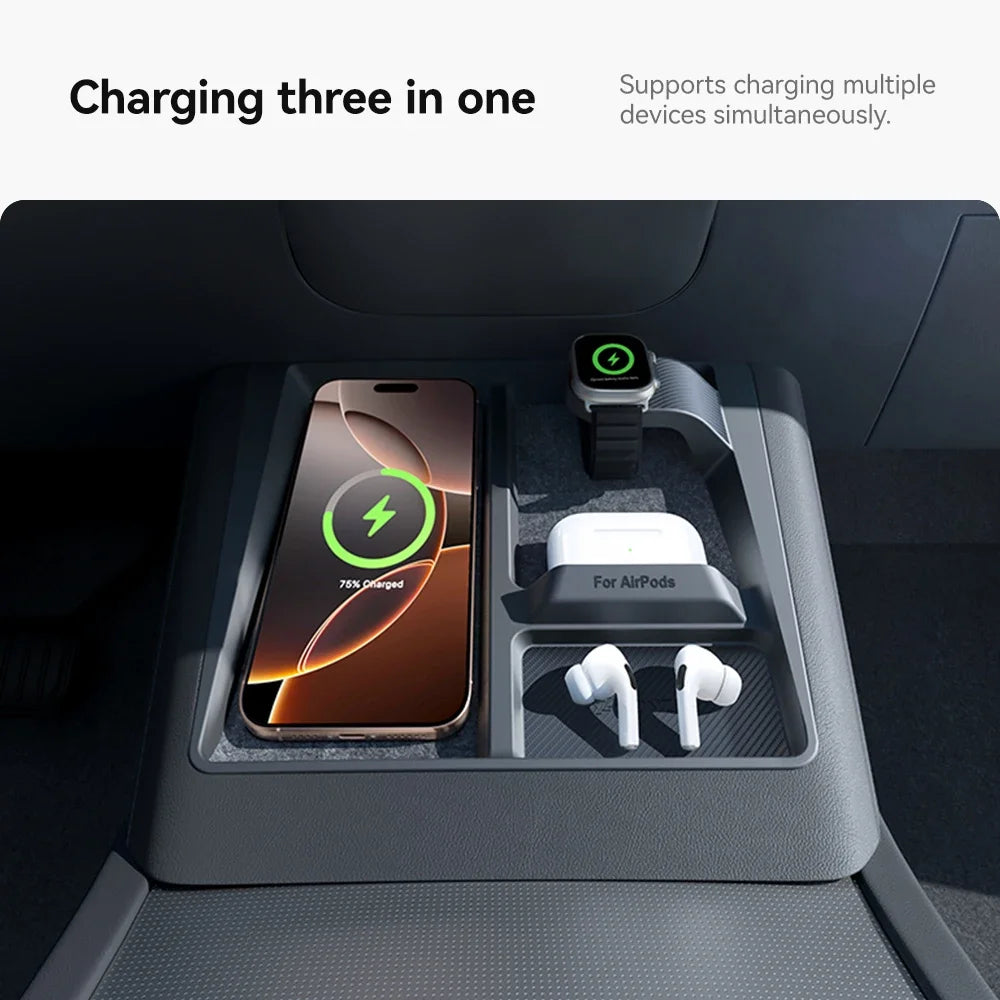 Wireless Charging Pad Frame for Tesla Model 3 Highland and Model Y Juniper, ABS Non-Slip Holder for Phones, Headphones and Watches