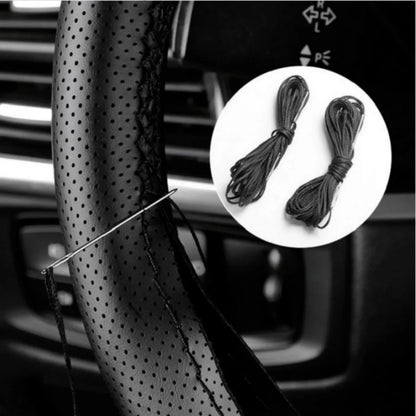 Black steering wheel cover with a bundle of thread