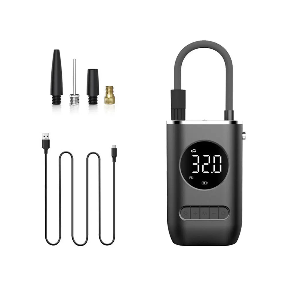 Cordless tire inflator with air hose, charging cable and nozzle adapters