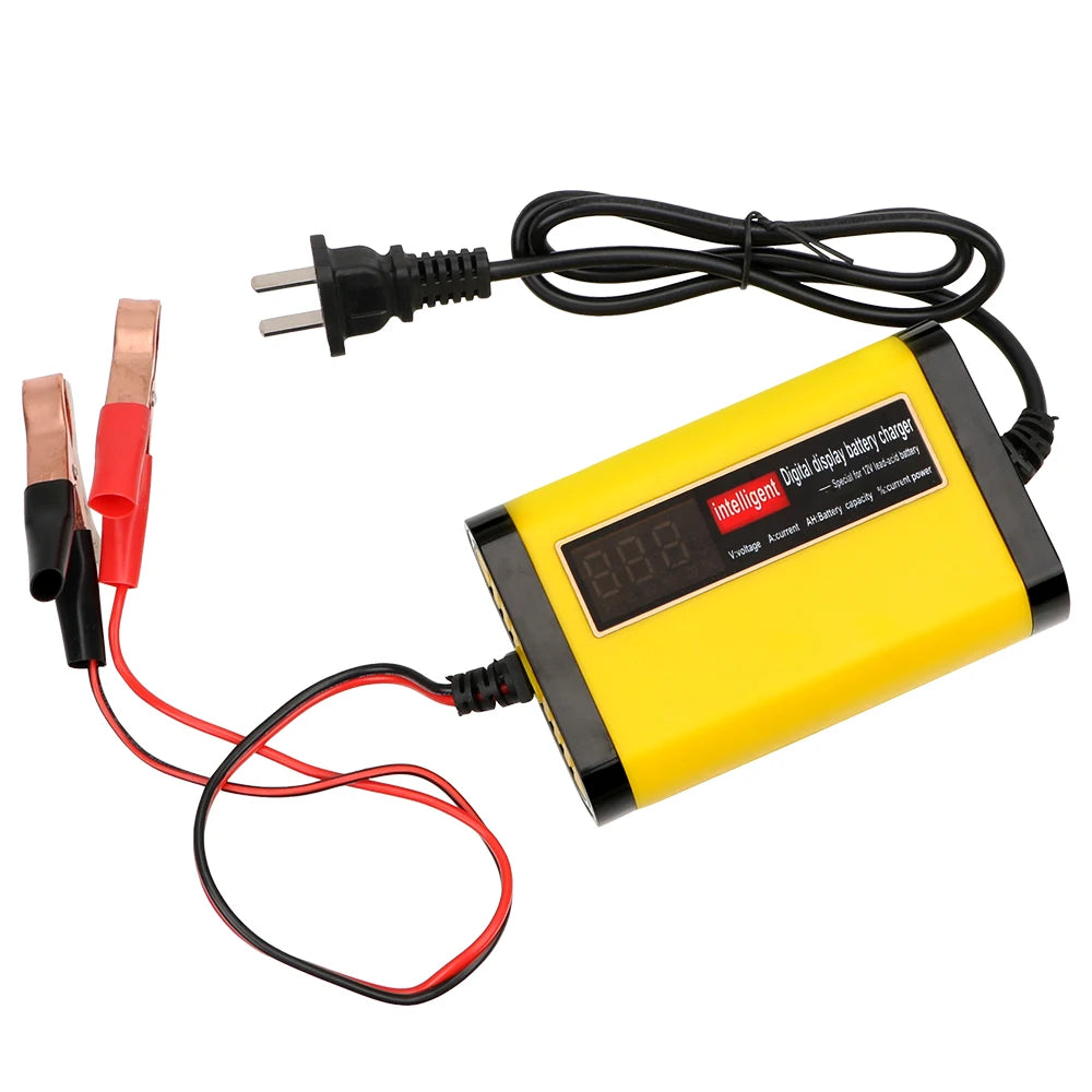 Yellow 12V 2A battery charger with US plug and battery clamps